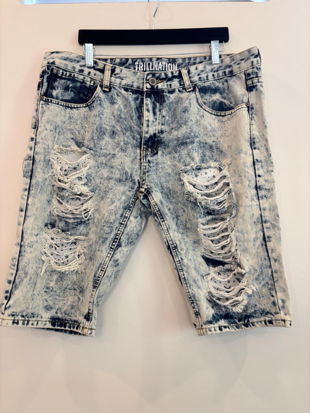 Trillnation Mens 38 Acid Wash Distressed Denim Shorts Star Print Lined Blue